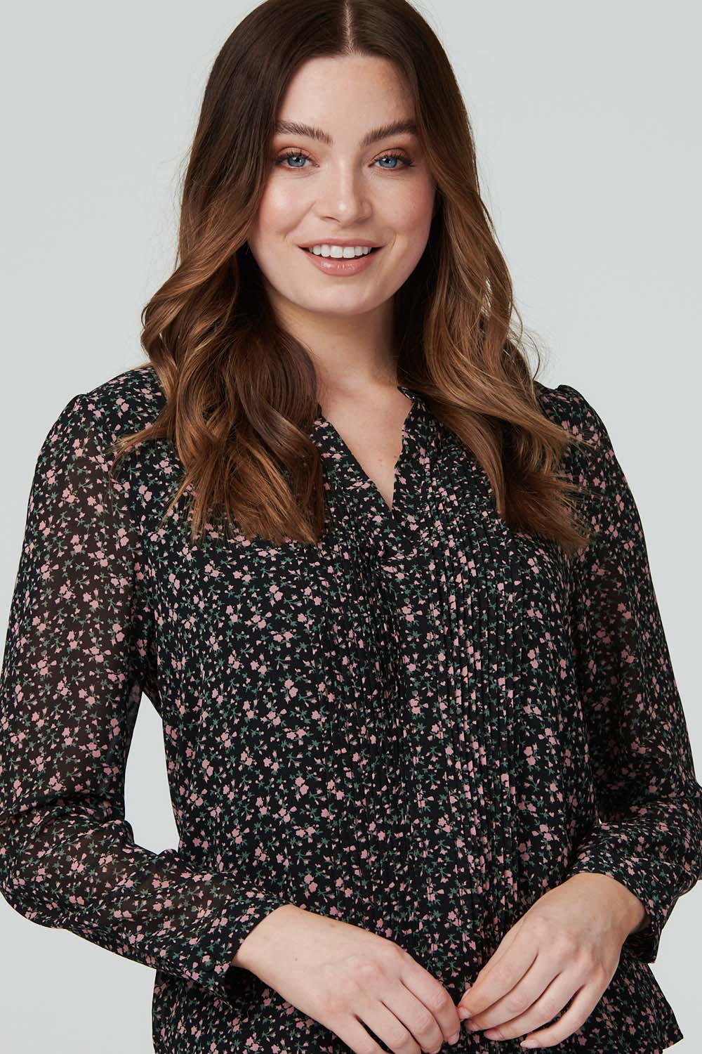 Black | Floral Long Sleeve Ruffle Blouse