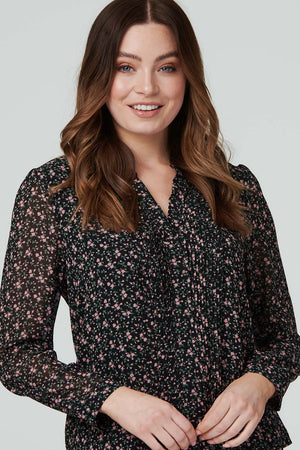 Black | Floral Long Sleeve Ruffle Blouse