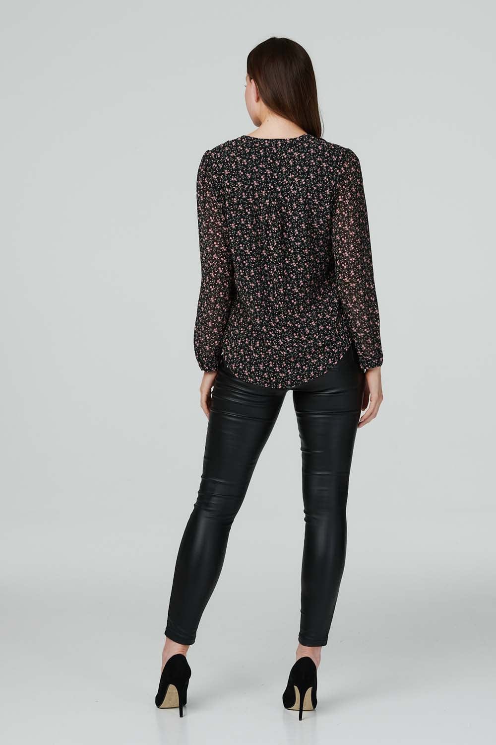 Black | Floral Long Sleeve Ruffle Blouse