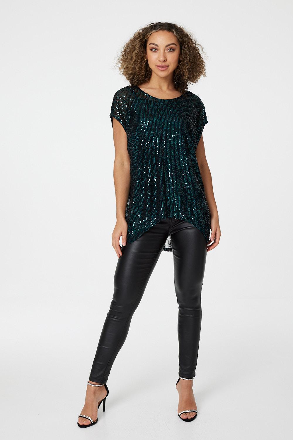 Teal | Sequin Semi Sheer Cap Sleeve Top