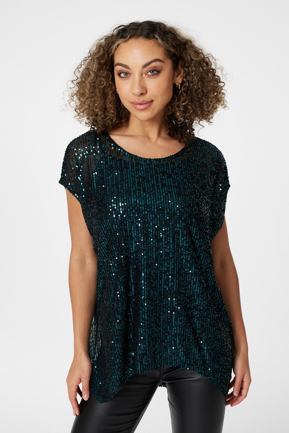 Teal | Sequin Semi Sheer Cap Sleeve Top