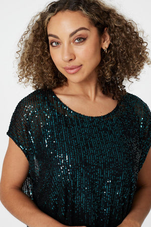 Teal | Sequin Semi Sheer Cap Sleeve Top