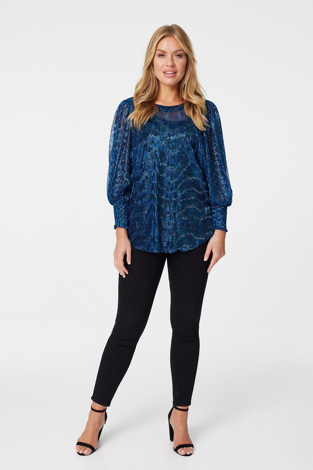 Metallic Sheer Long Sleeve Blouse