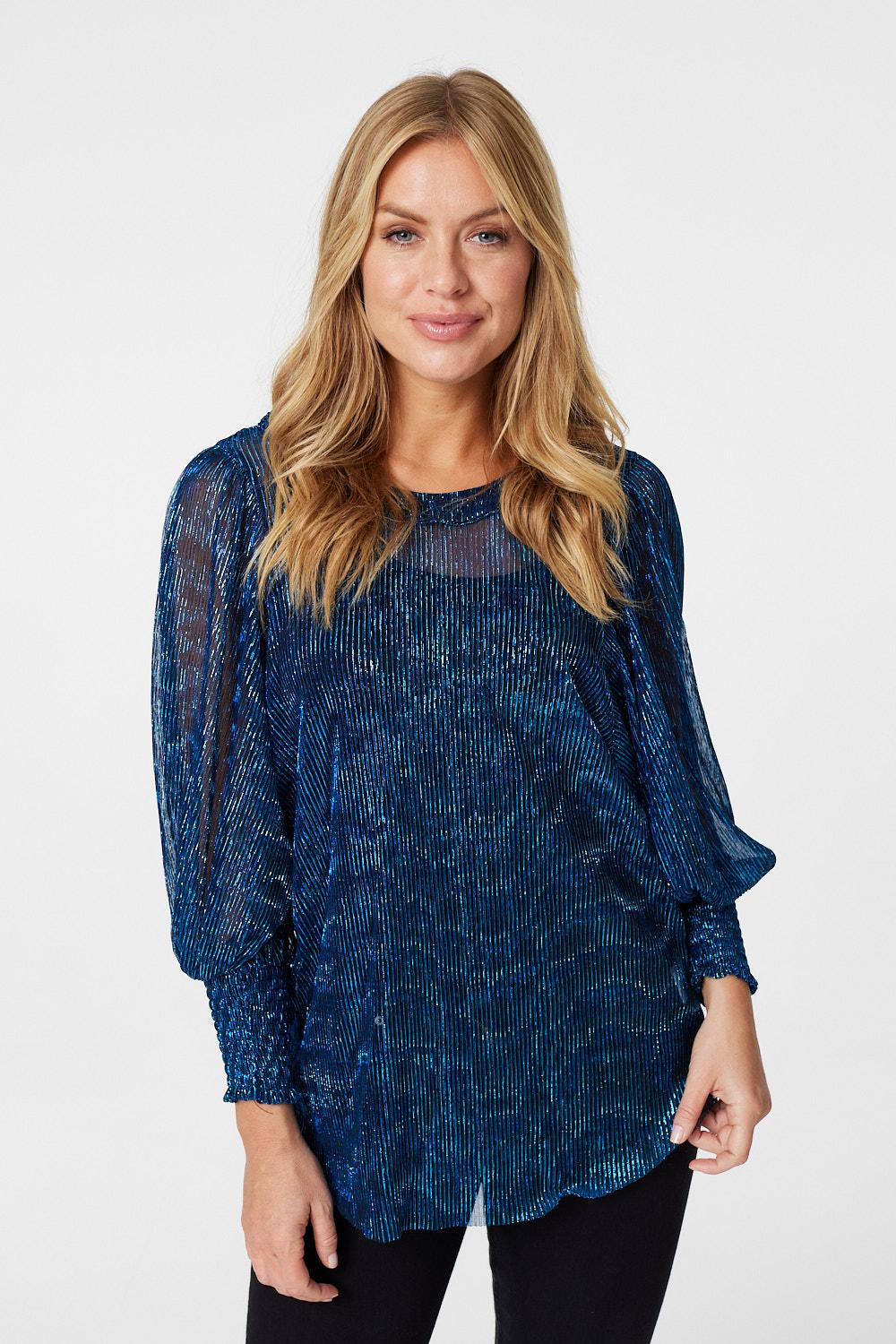 Metallic Sheer Long Sleeve Blouse