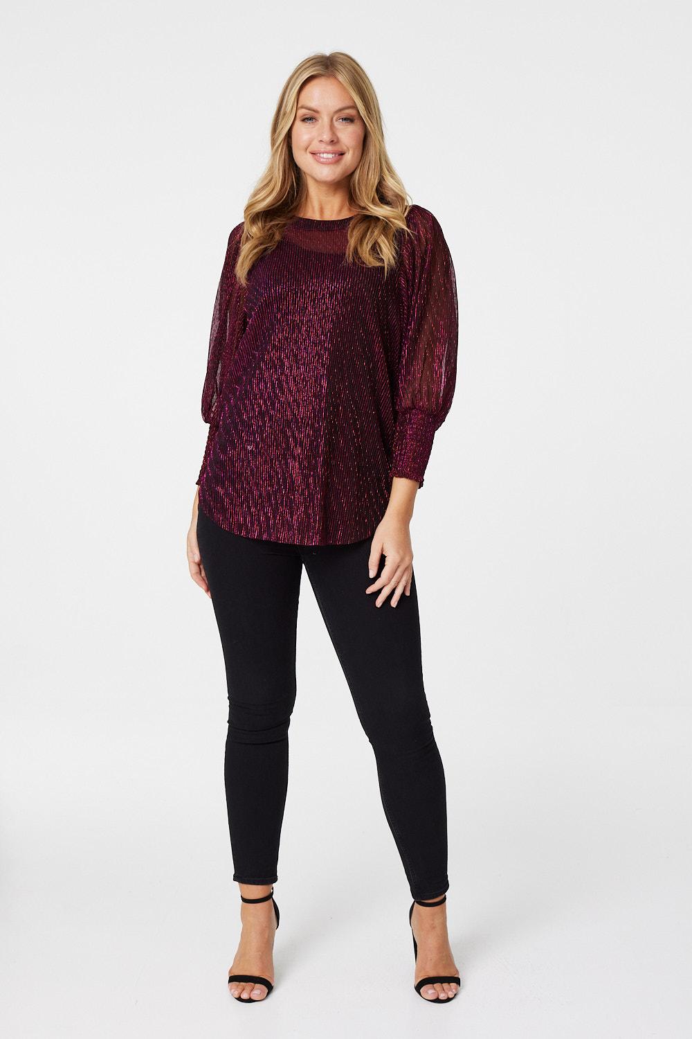 Pink | Metallic Sheer Long Sleeve Blouse
