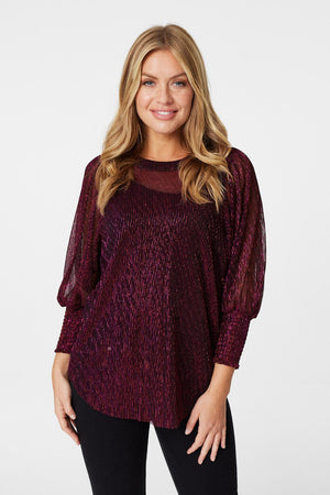 Pink | Metallic Sheer Long Sleeve Blouse