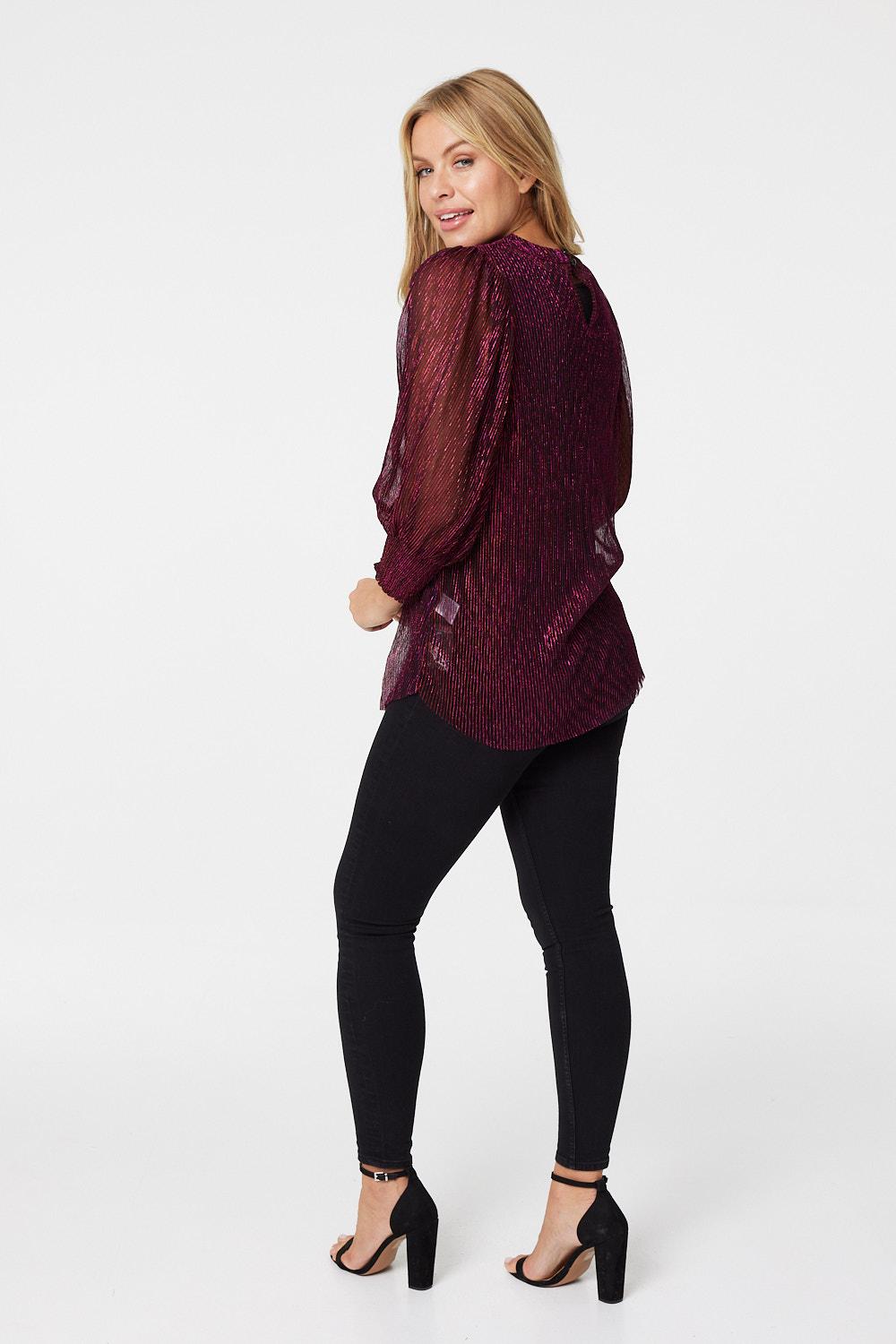 Pink | Metallic Sheer Long Sleeve Blouse