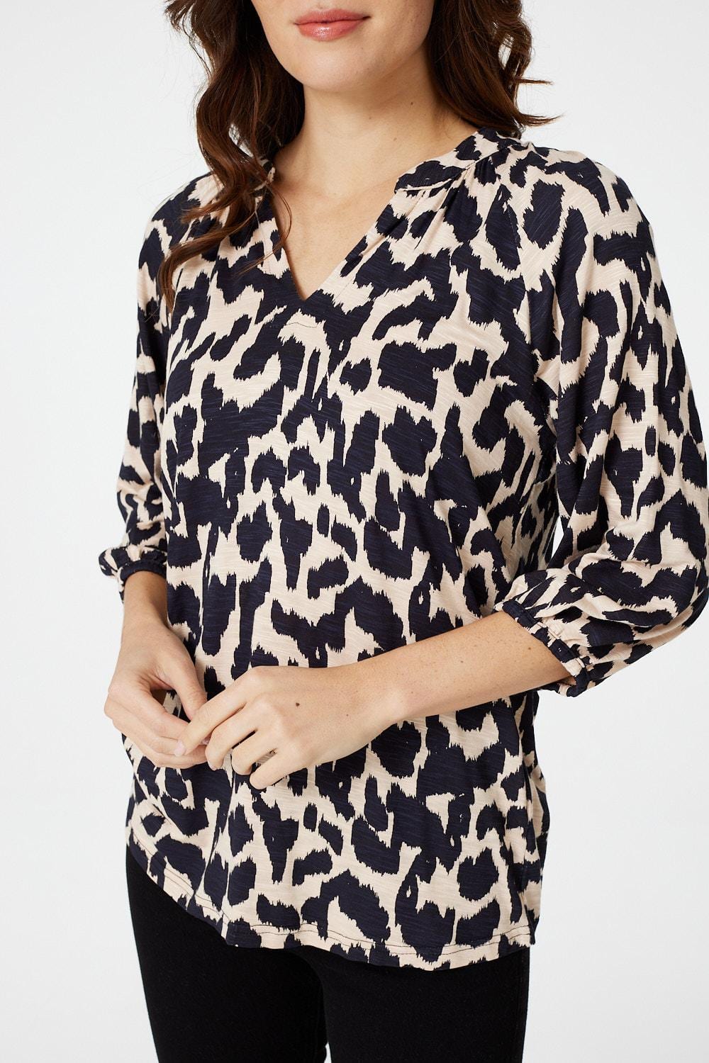 Beige | Animal Print Collarless Blouse