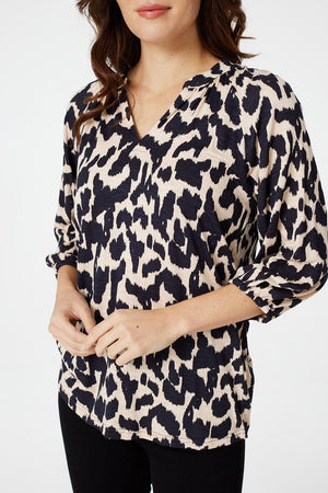 Beige | Animal Print Collarless Blouse