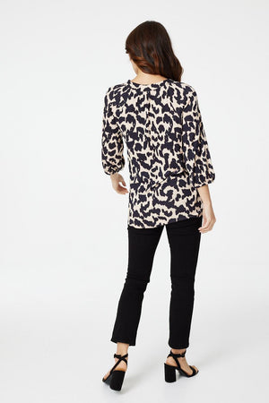 Beige | Animal Print Collarless Blouse