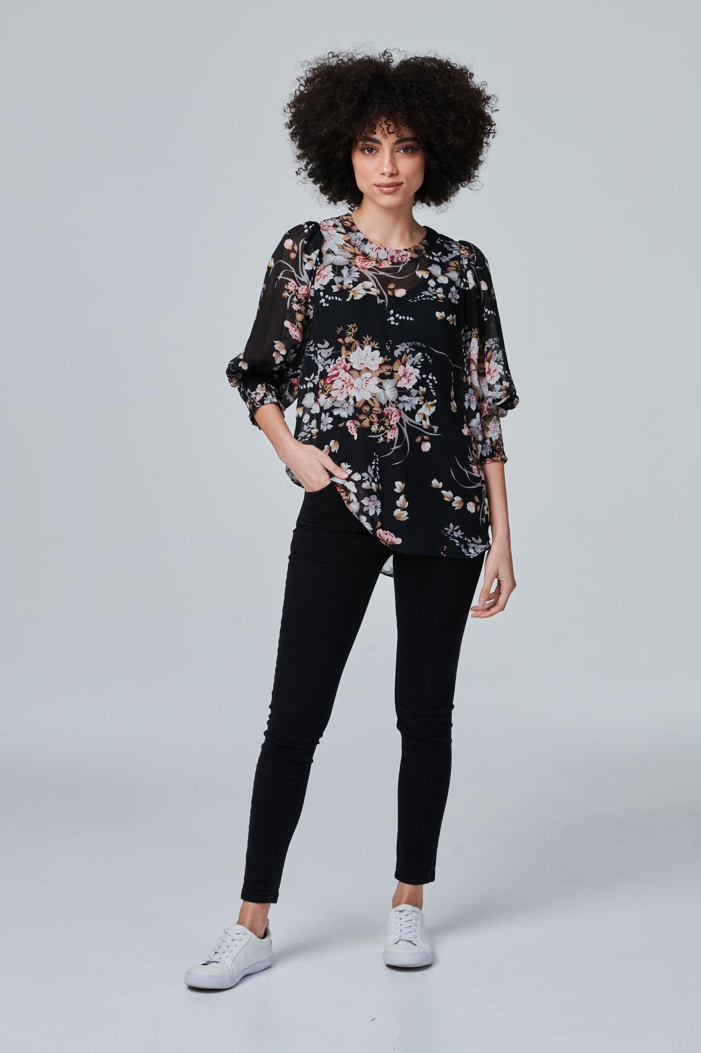 Black | Floral Puff Sleeve Blouse Top