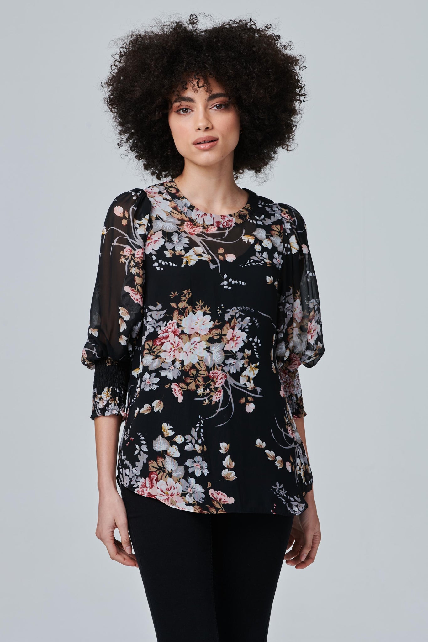 Black | Floral Puff Sleeve Blouse Top