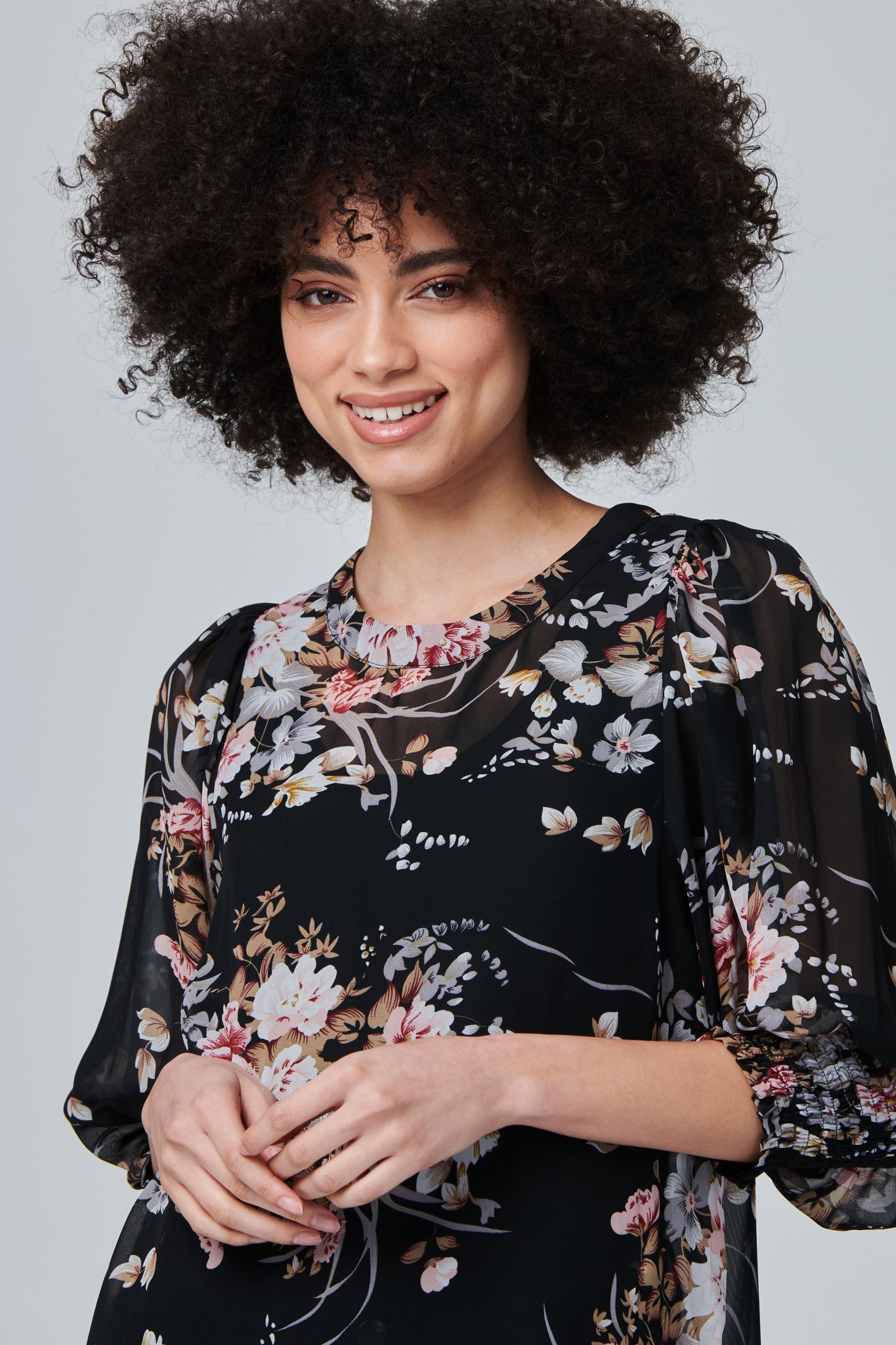 Black | Floral Puff Sleeve Blouse Top
