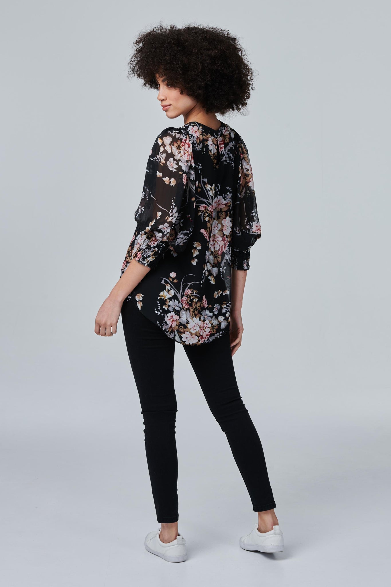 Black | Floral Puff Sleeve Blouse Top