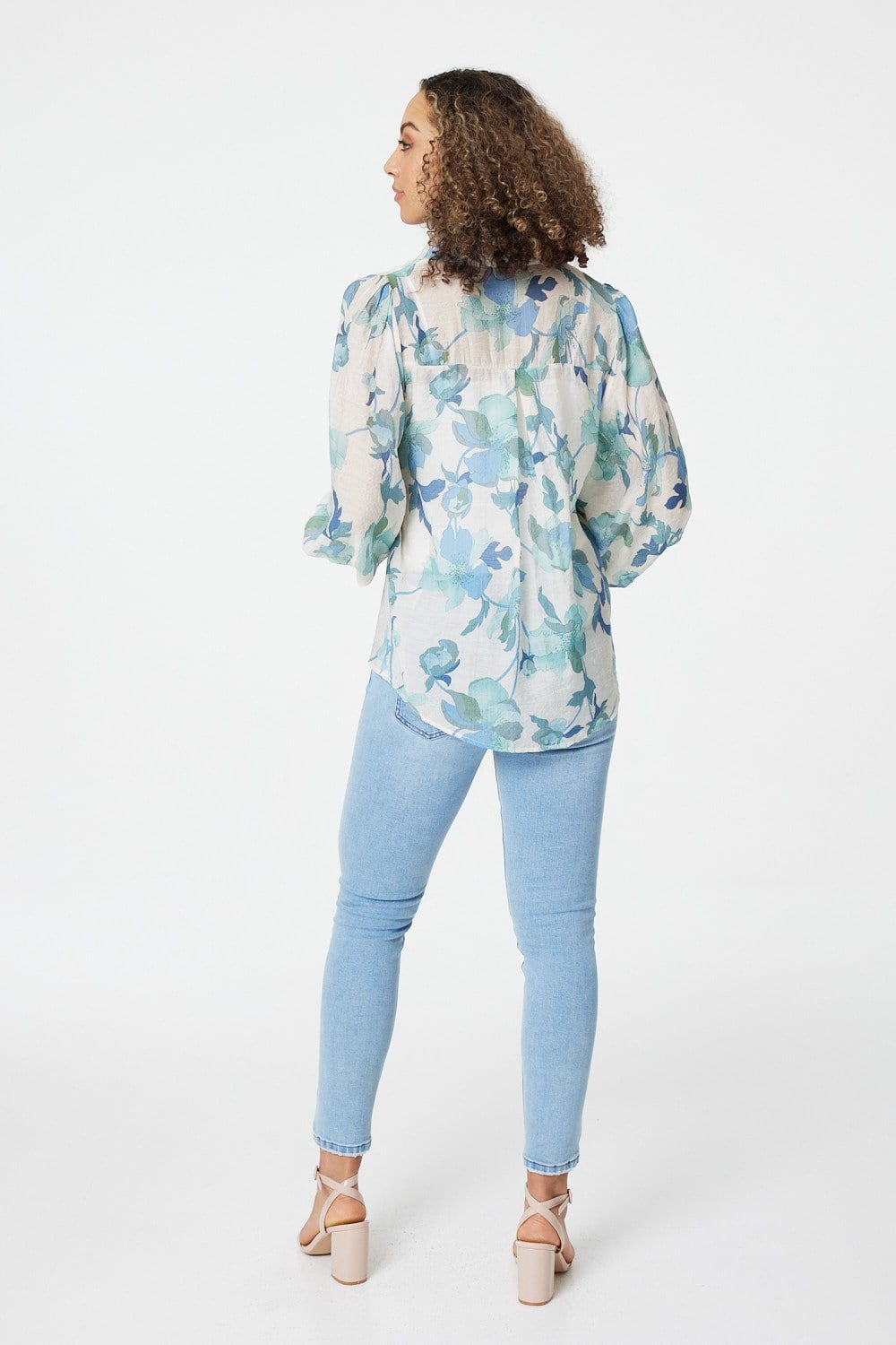 Green | Floral Long Puff Sleeve Shirt