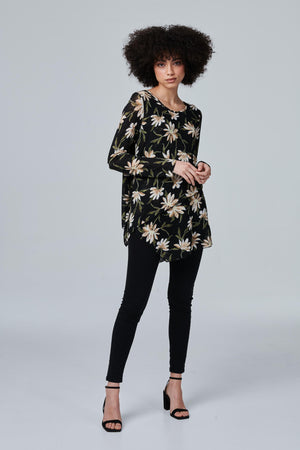 Black | Floral Layered Long Sleeve Top