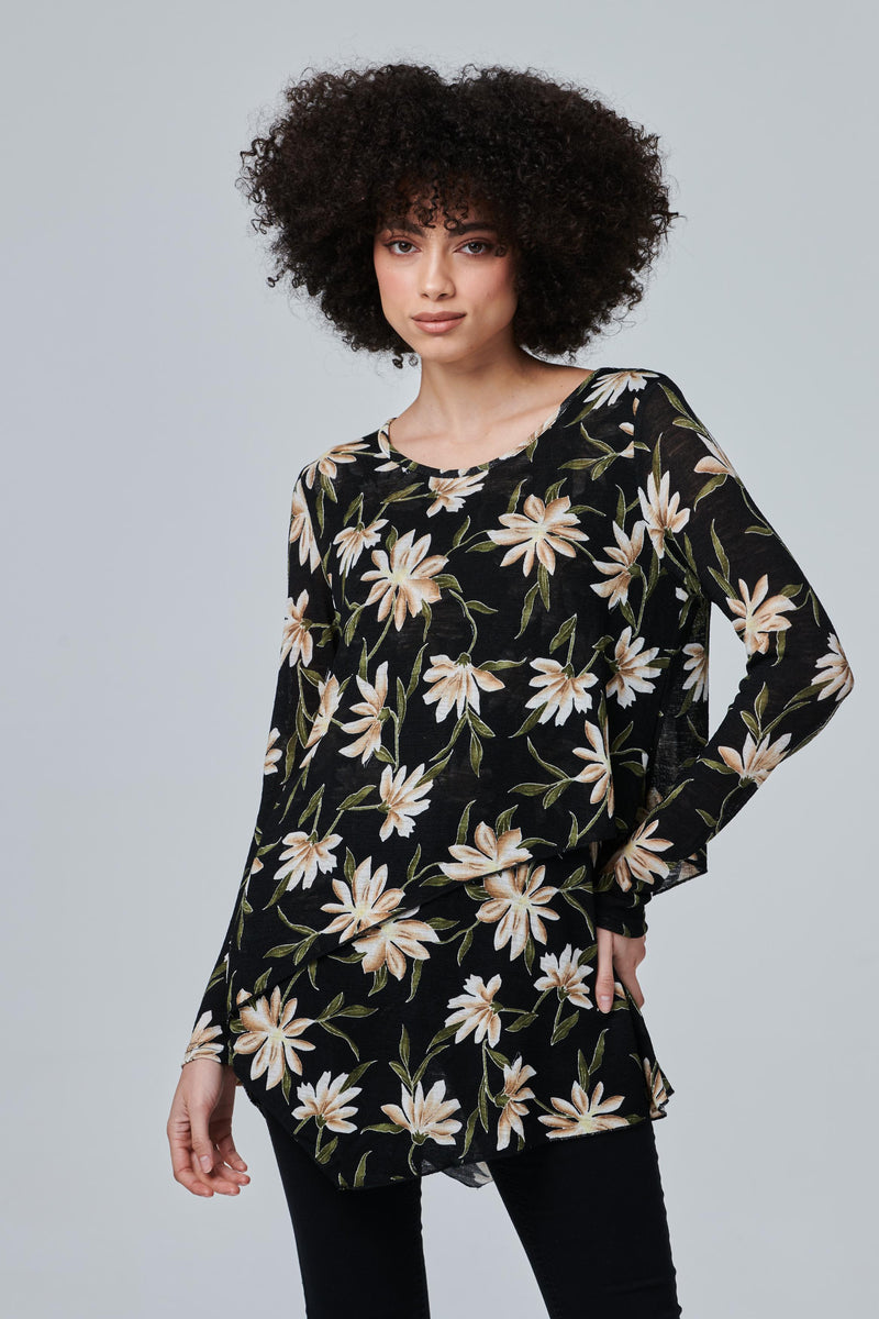Black | Floral Layered Long Sleeve Top