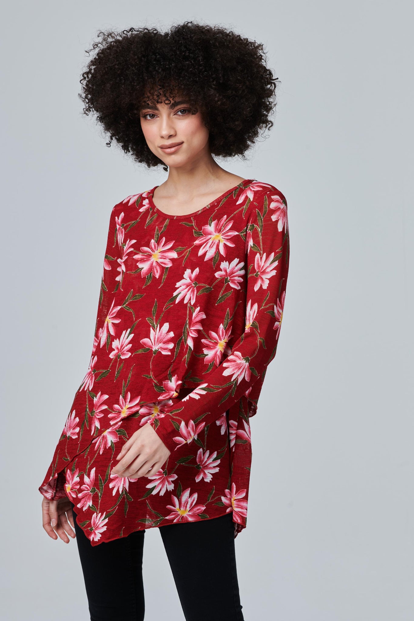 Red | Floral Layered Long Sleeve Top