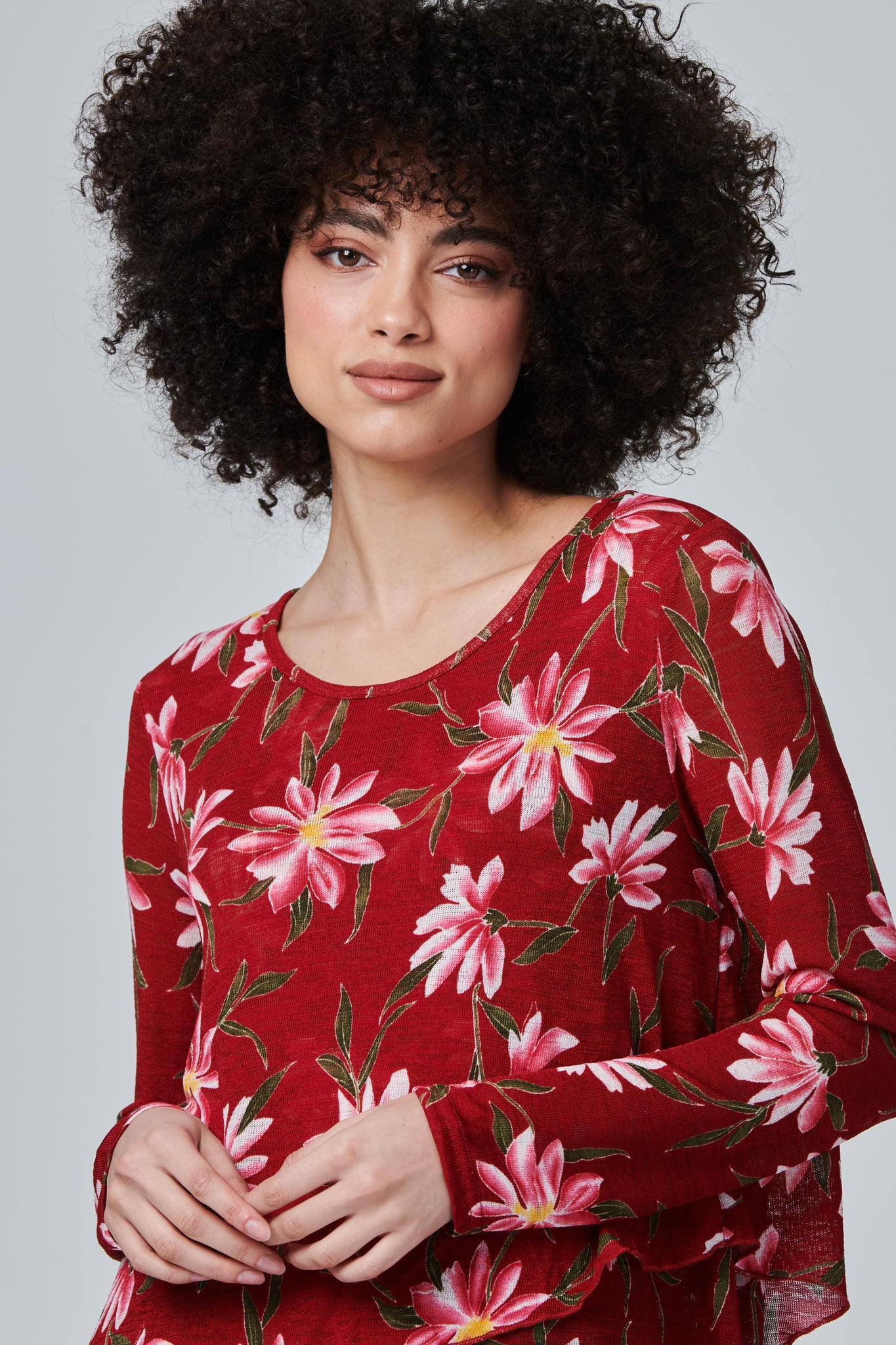 Red | Floral Layered Long Sleeve Top