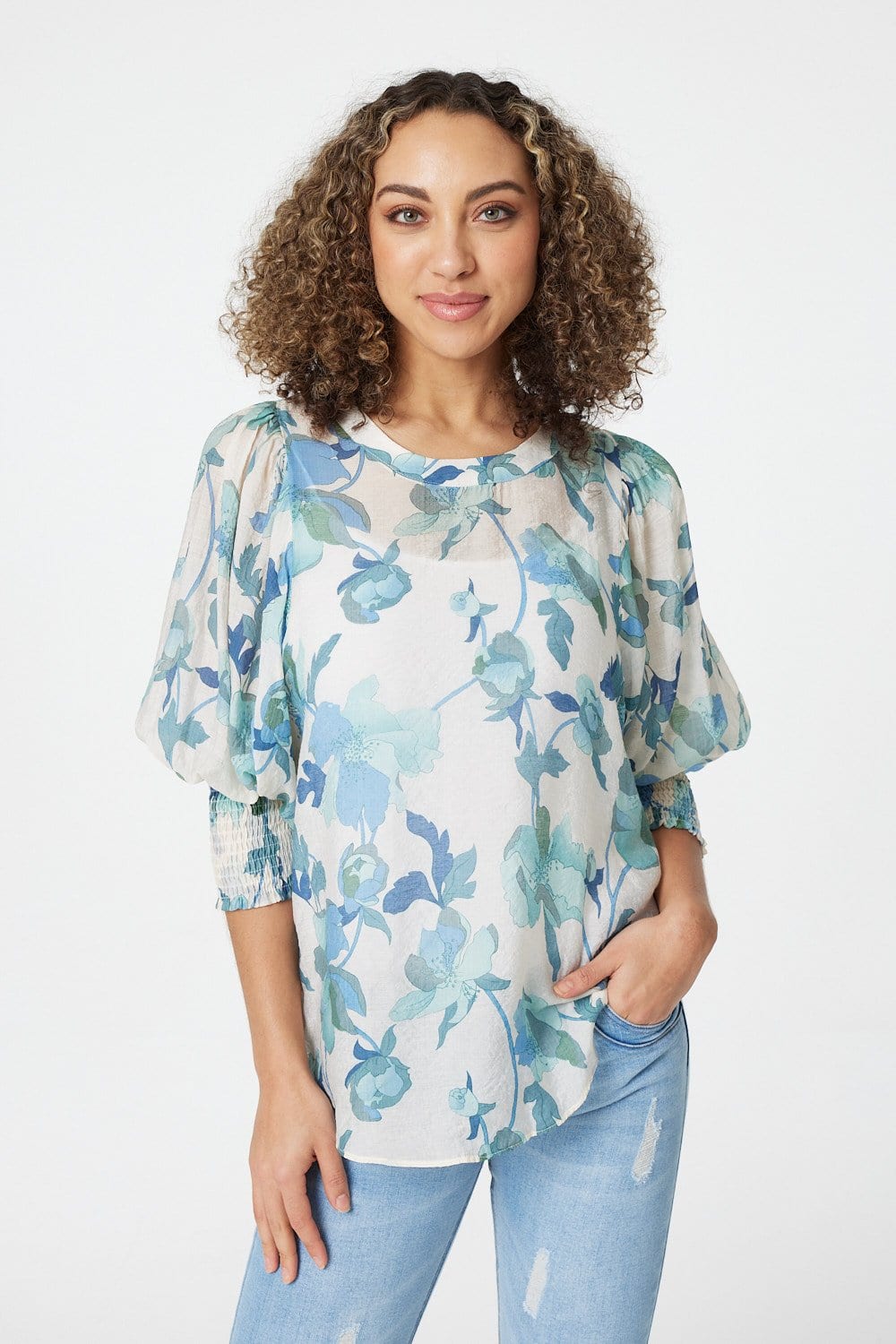 Green | Floral Puff Sleeve Blouse 