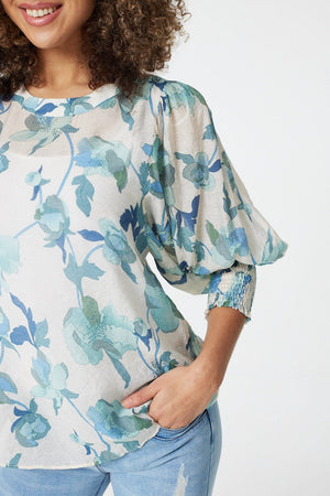Green | Floral Puff Sleeve Blouse 