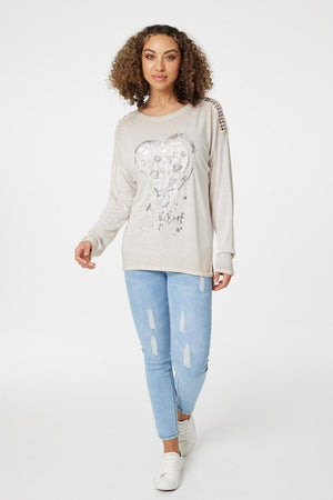 Beige | Heart Print Long Sleeve T-Shirt