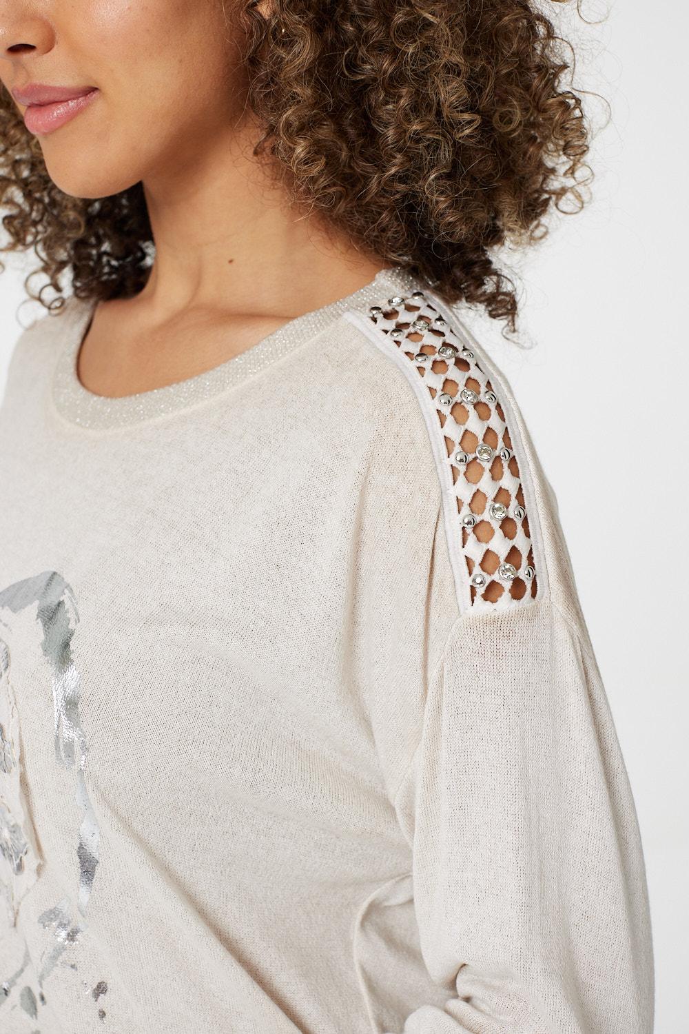 Beige | Heart Print Long Sleeve T-Shirt