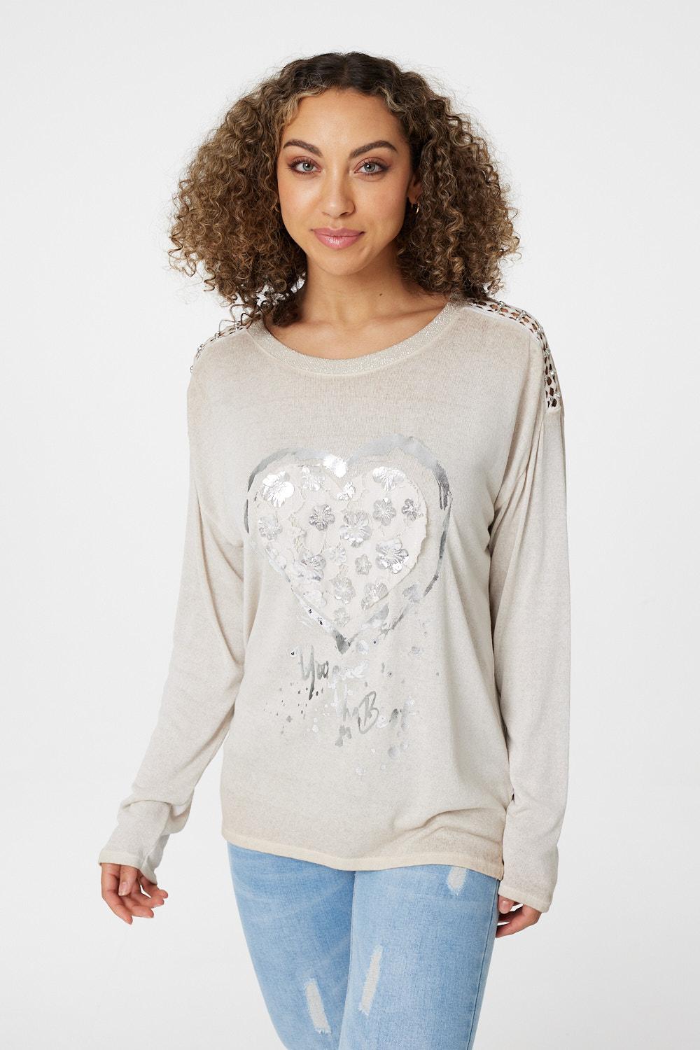 Beige | Heart Print Long Sleeve T-Shirt