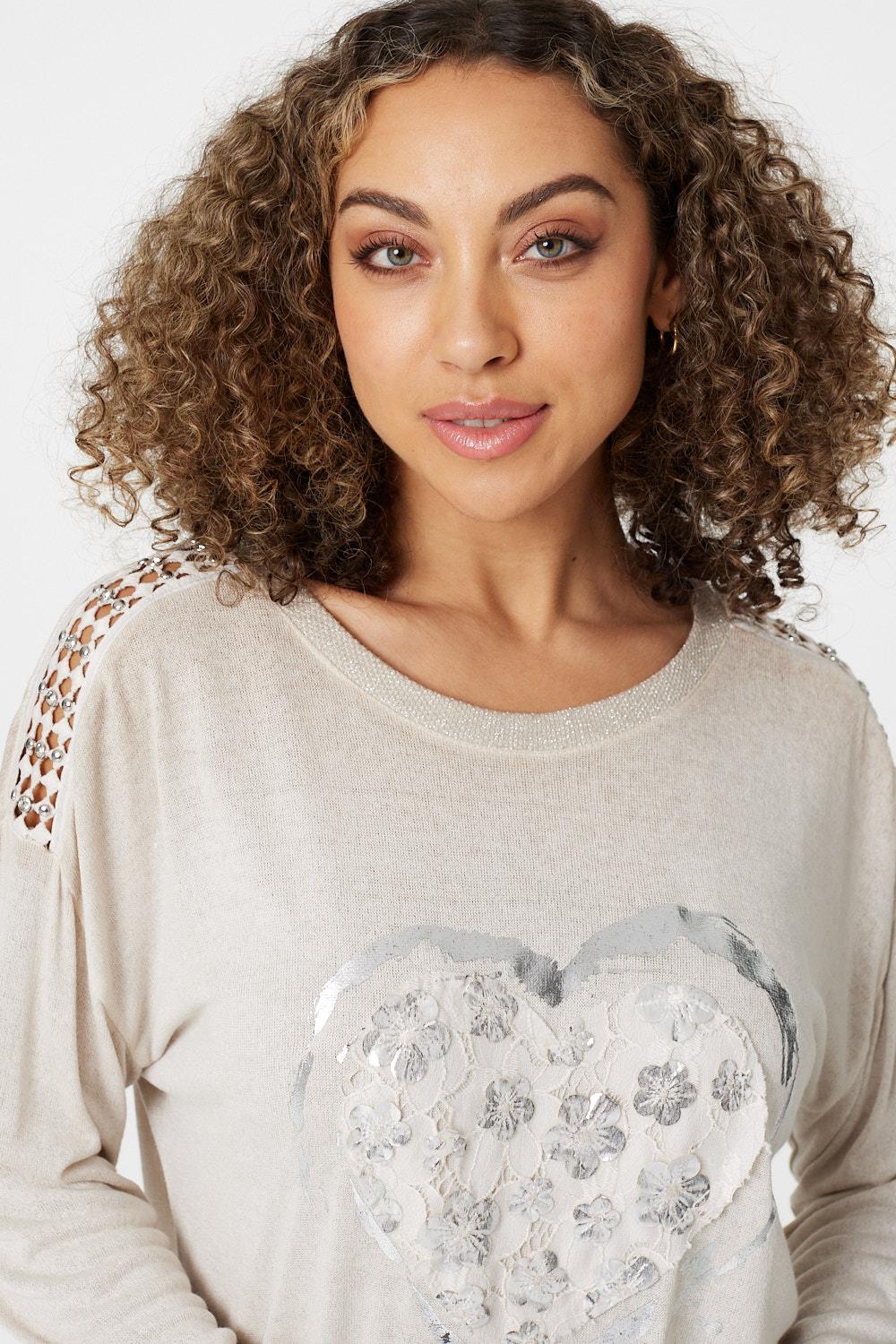 Beige | Heart Print Long Sleeve T-Shirt
