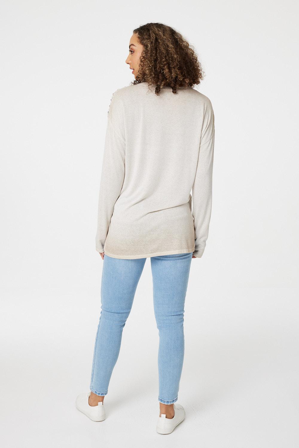Beige | Heart Print Long Sleeve T-Shirt