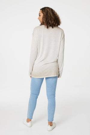 Beige | Heart Print Long Sleeve T-Shirt