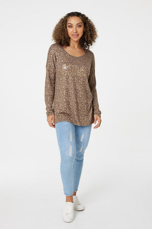Brown | Leopard Print Long Sleeve T-Shirt