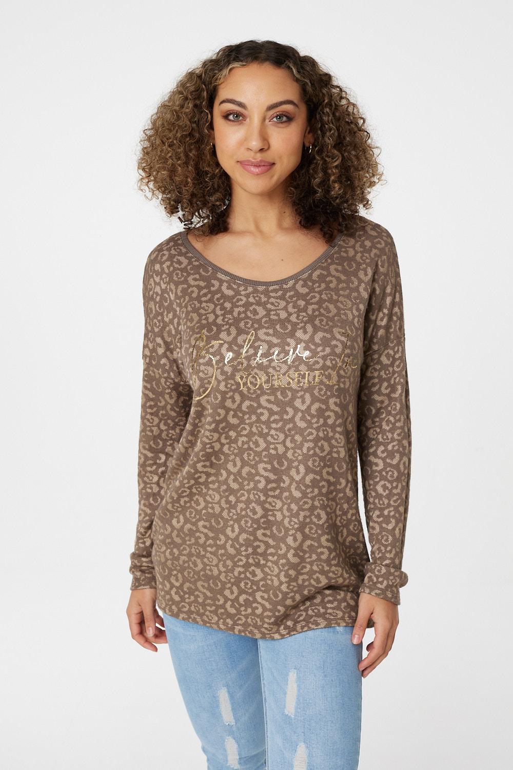 Brown | Leopard Print Long Sleeve T-Shirt