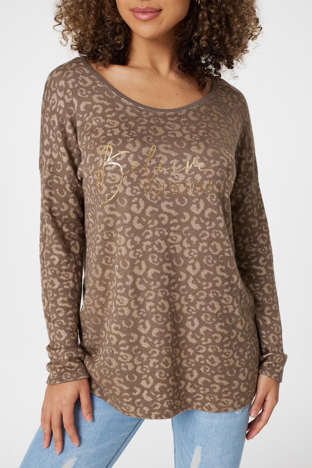 Brown | Leopard Print Long Sleeve T-Shirt