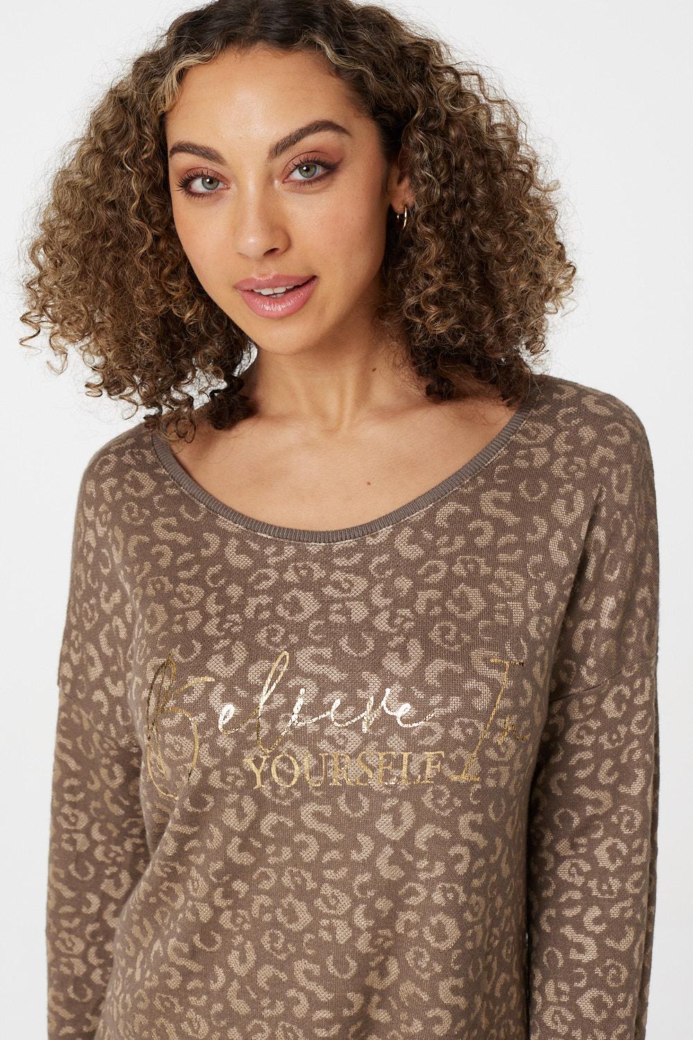 Brown | Leopard Print Long Sleeve T-Shirt