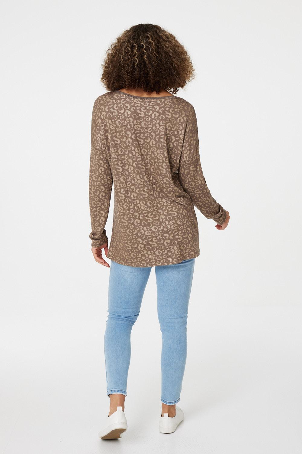 Brown | Leopard Print Long Sleeve T-Shirt