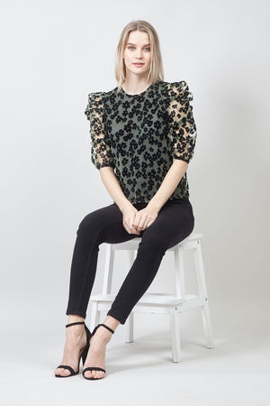 GREEN | Floral Sheer Puff Sleeve Blouse