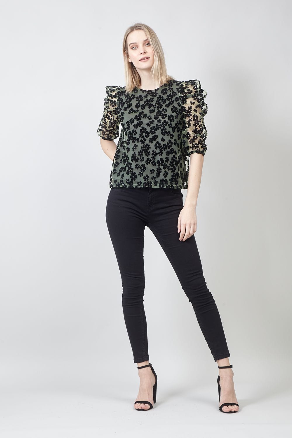 GREEN | Floral Sheer Puff Sleeve Blouse