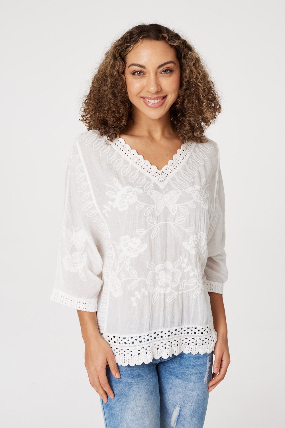 White | Embroidered Batwing Blouse