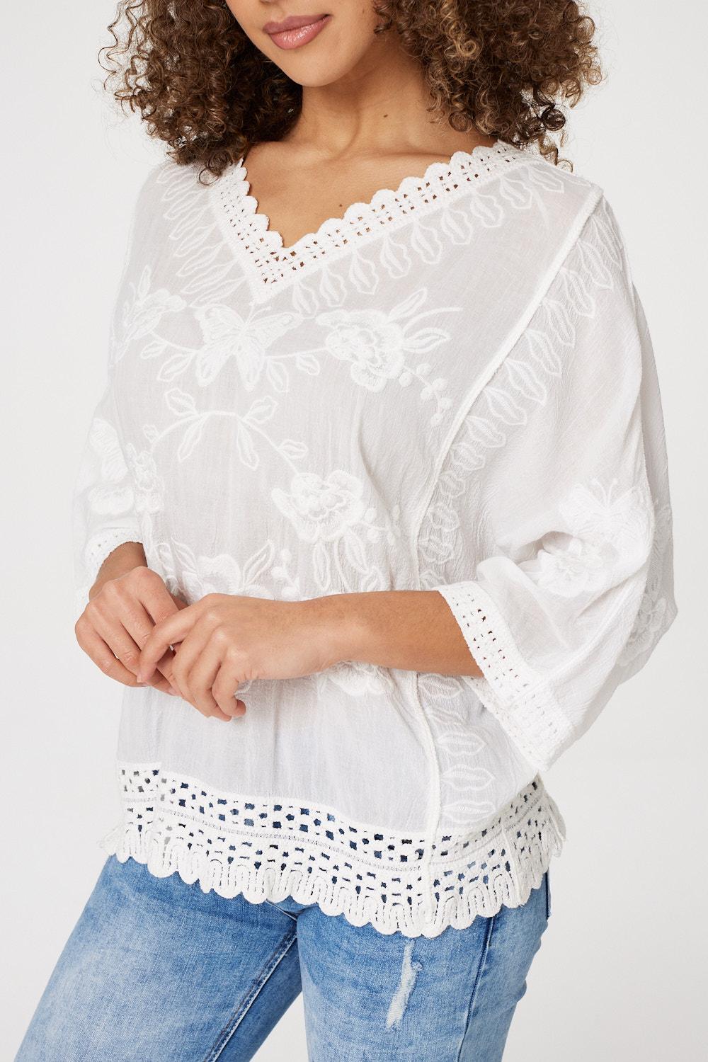 White | Embroidered Batwing Blouse