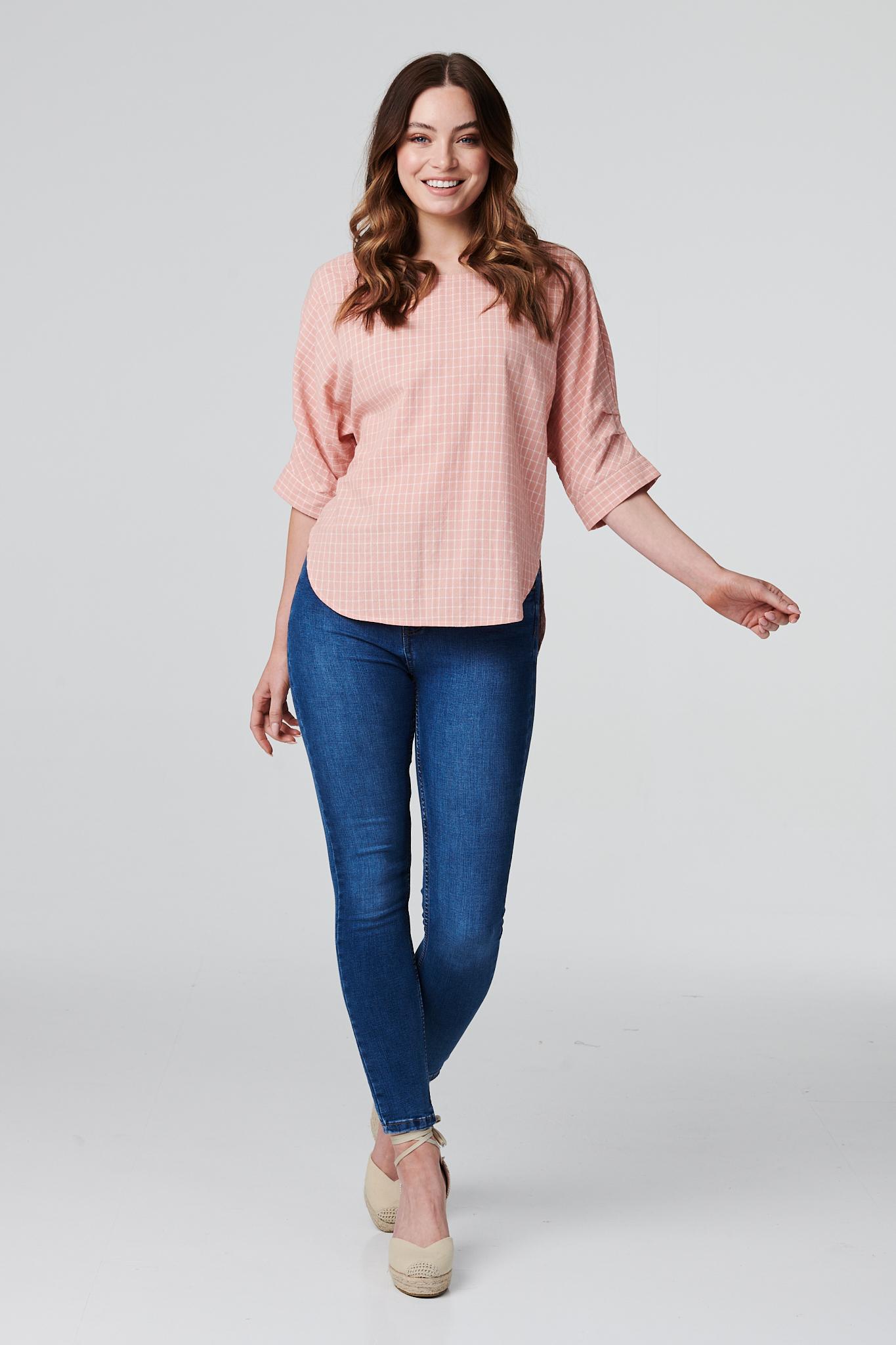 Pink | Checked Gathered Sleeve Blouse