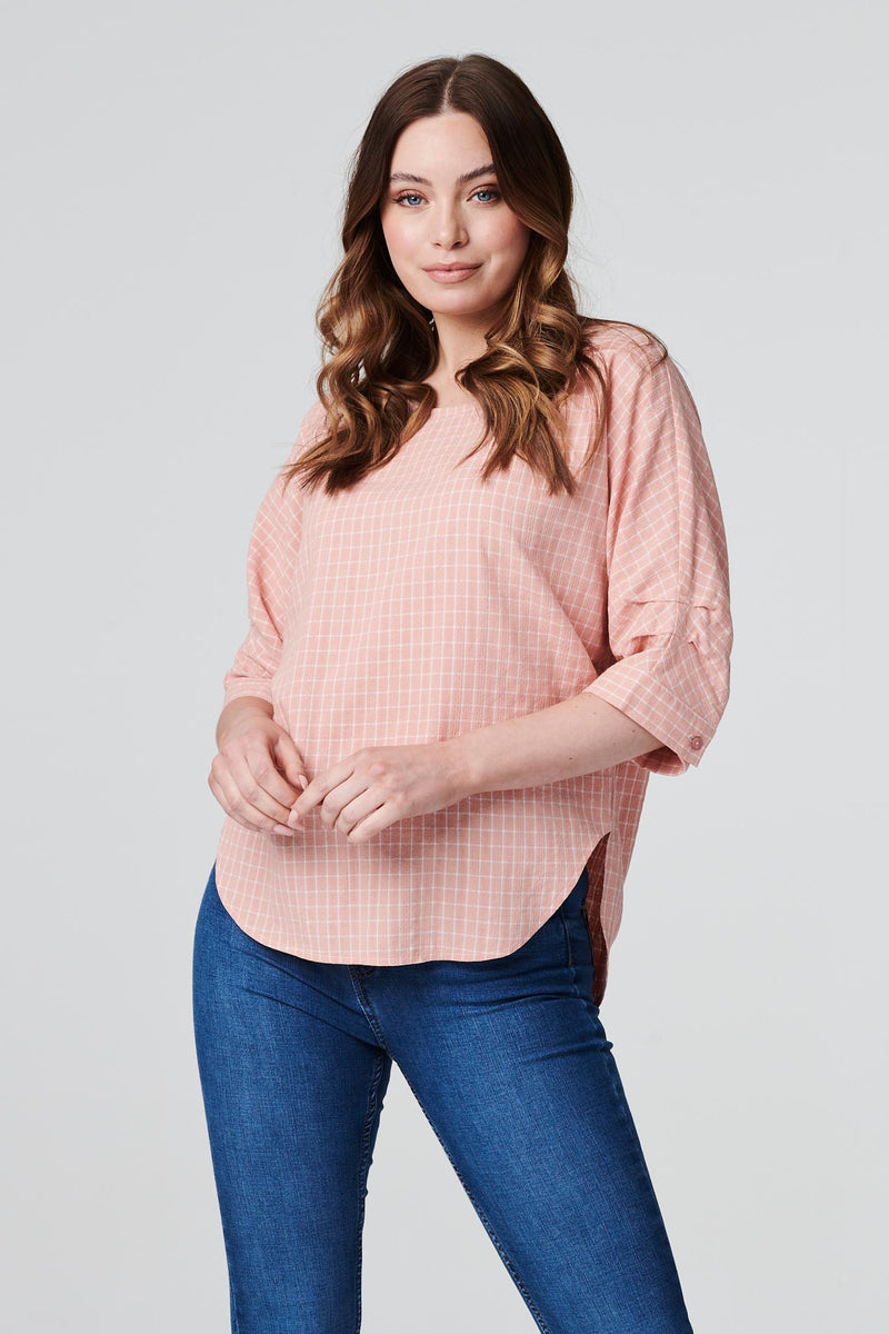 Pink | Checked Gathered Sleeve Blouse