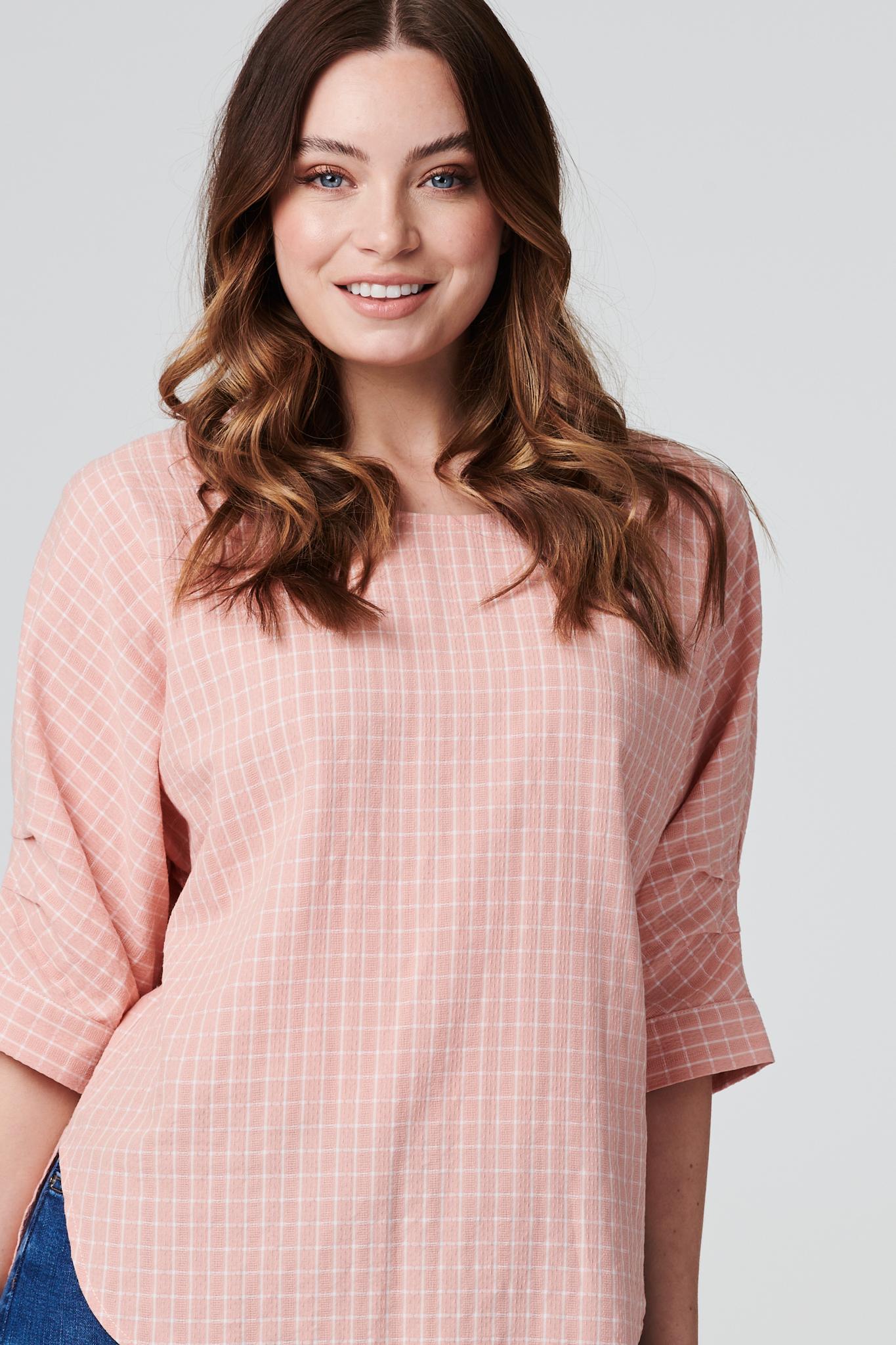 Pink | Checked Gathered Sleeve Blouse