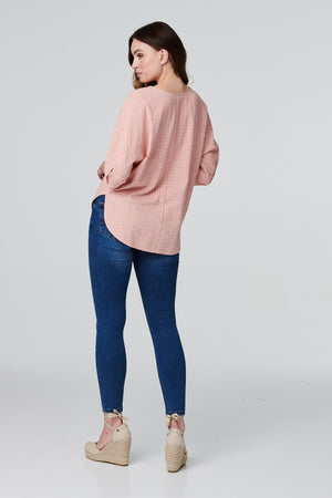 Pink | Checked Gathered Sleeve Blouse