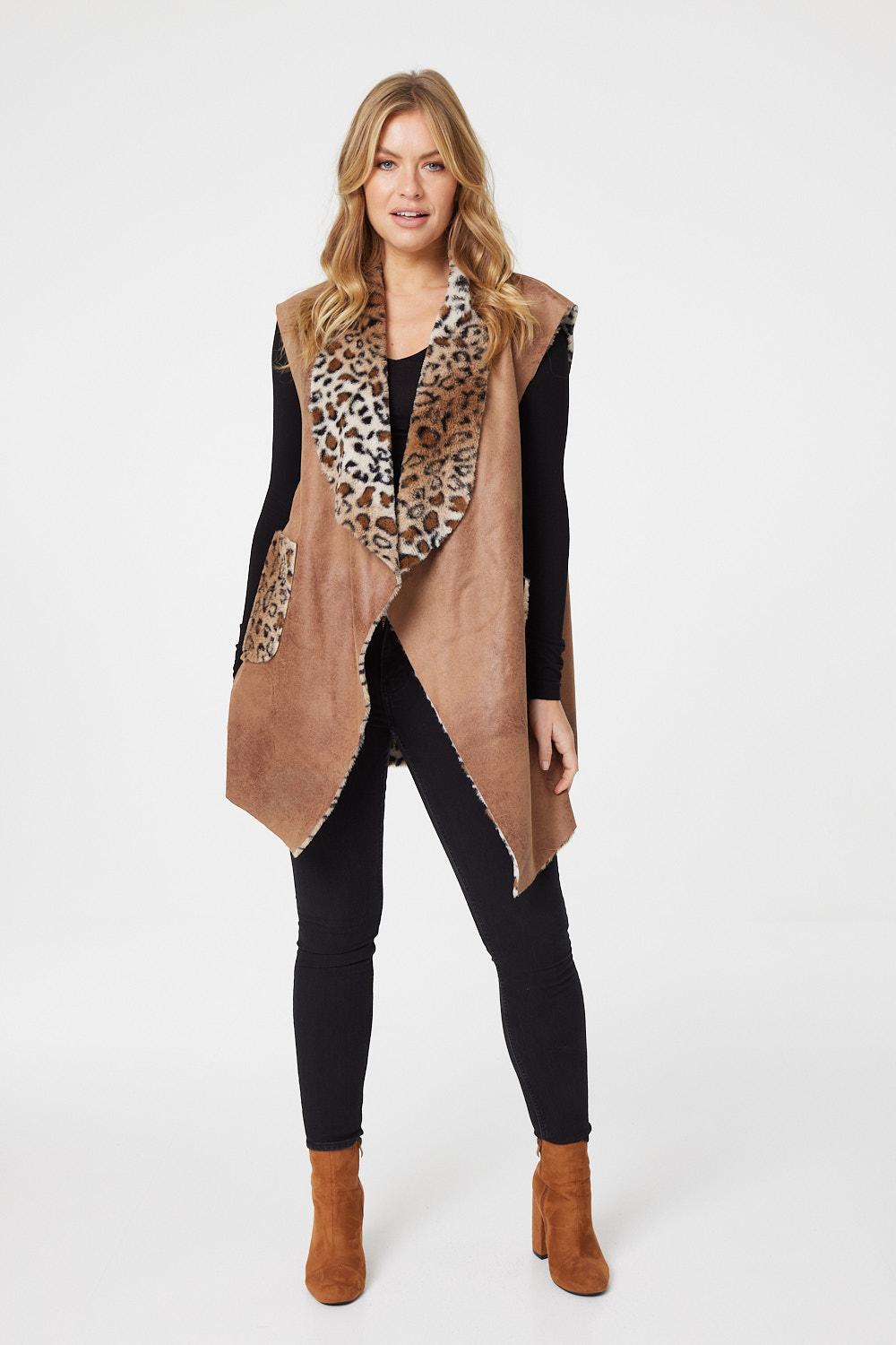 Tan | Leopard Print Faux Fur Gilet