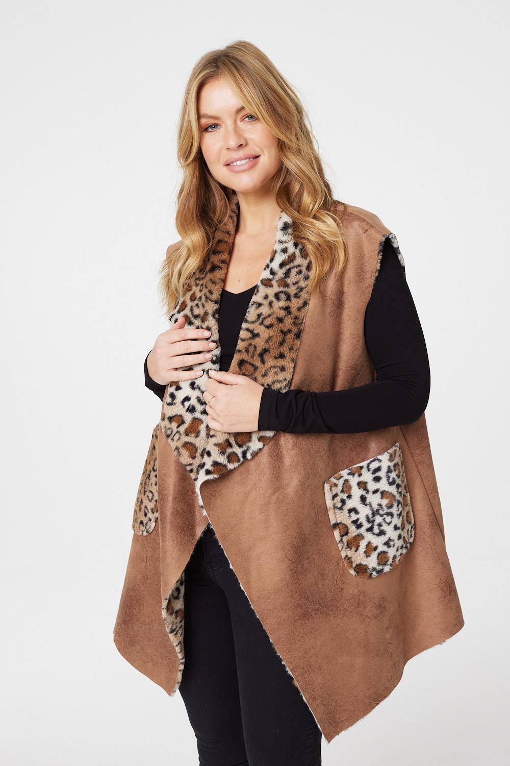 Tan | Leopard Print Faux Fur Gilet