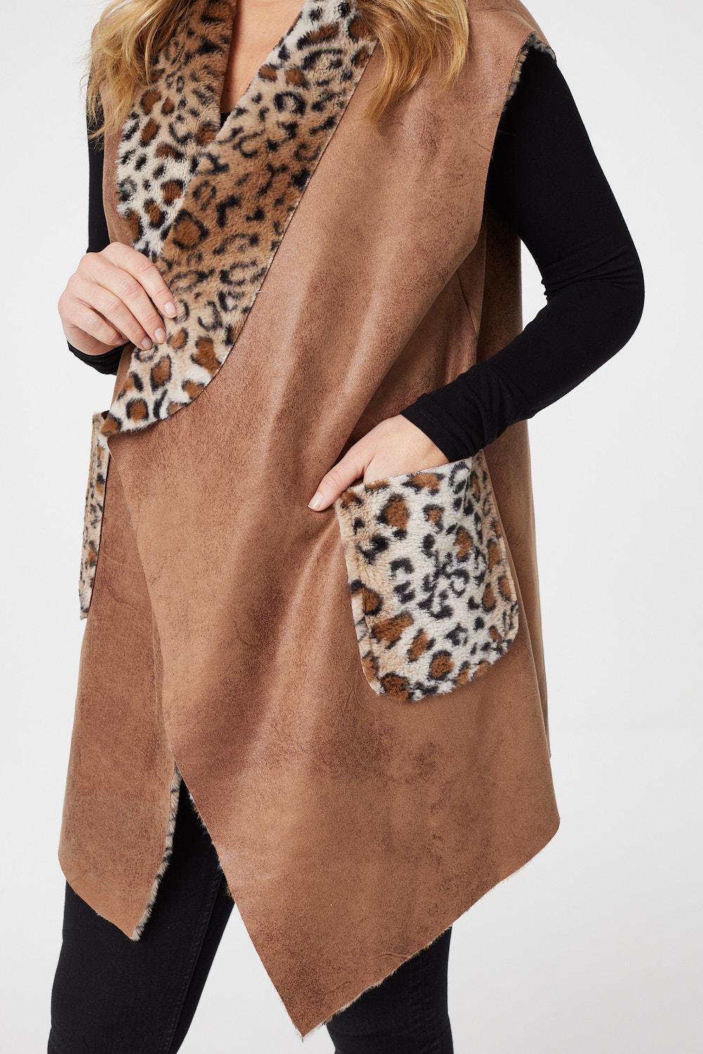 Tan | Leopard Print Faux Fur Gilet