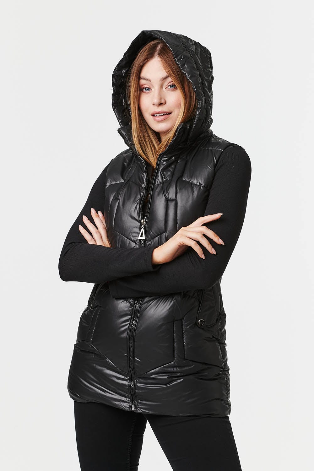 Black | Quilted Zip Front Hooded Gilet