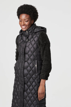 Black | Quilted Long Gilet Vest with Hood