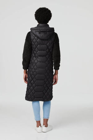 Black | Quilted Long Gilet Vest with Hood